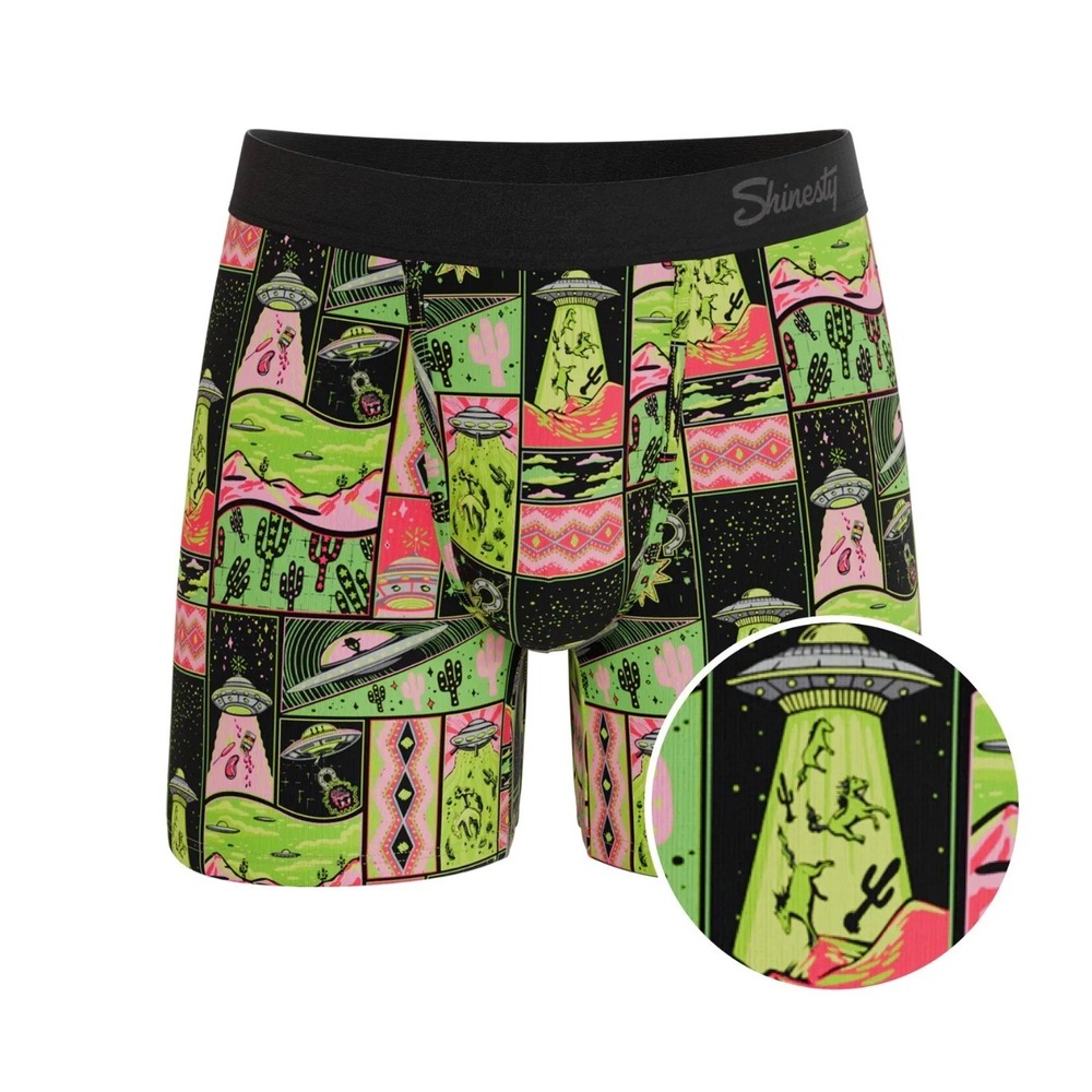 Shinesty Mens The Area 51 Ball Hammock Boxer Briefs Alien UFO Print Green Medium